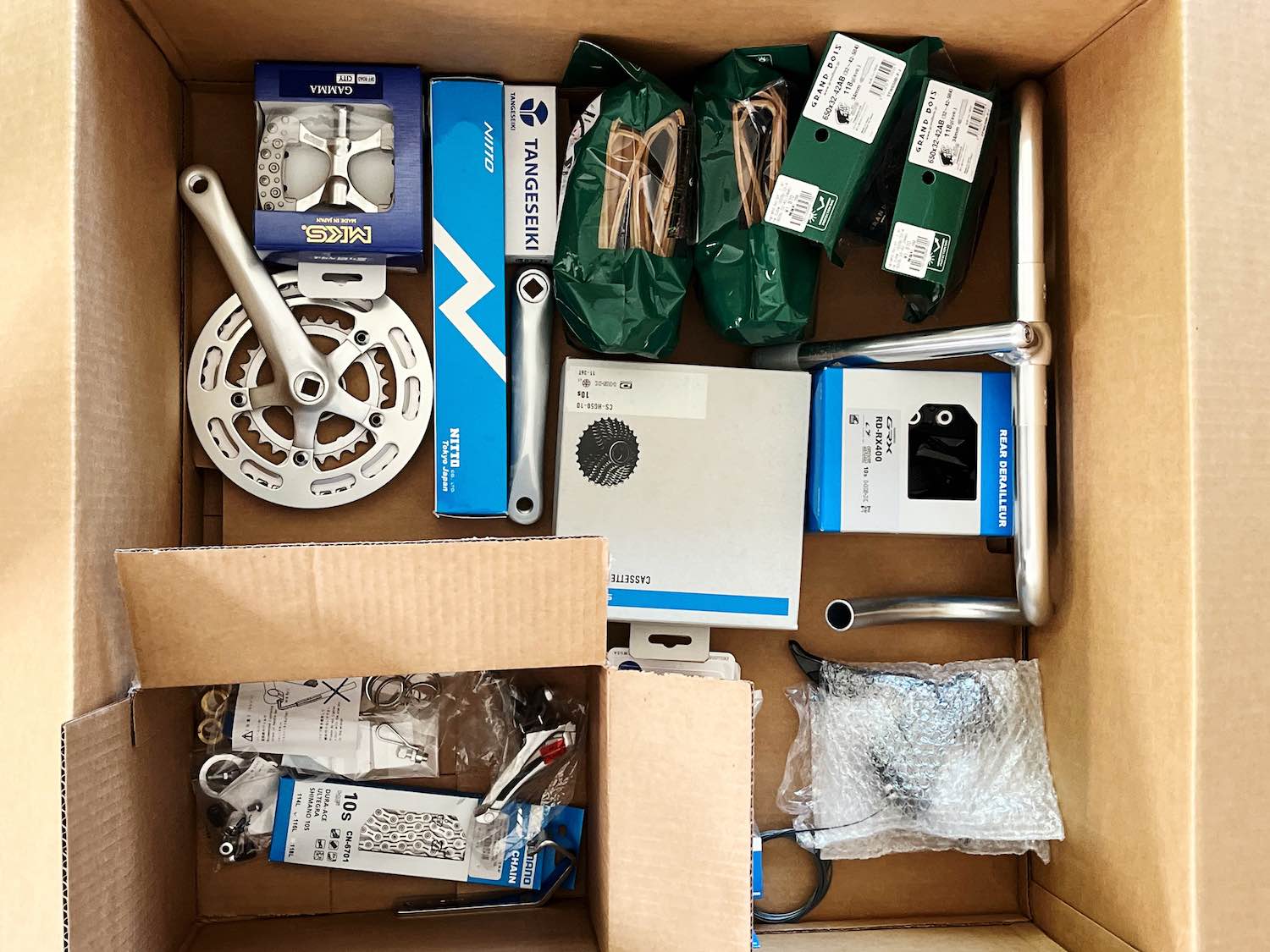 Bike parts in a box